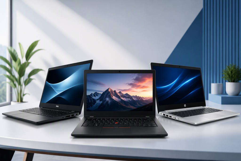 Alternative Text (Alt Text):

Banner featuring Dell, HP, and Lenovo laptops displayed on a modern white platform with brand logos above. Clean blue-and-white background with a professional technology theme suitable for a refurbished laptop homepage.