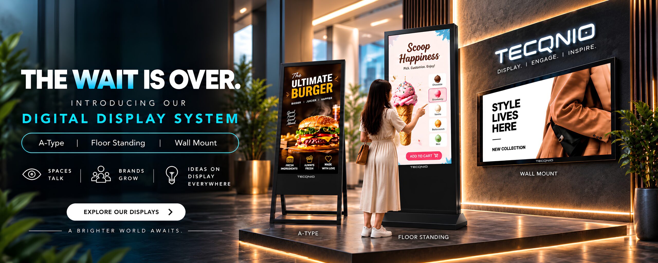 Tecqnio Digital Display System featuring A-Type, Floor Standing, and Wall Mount digital displays